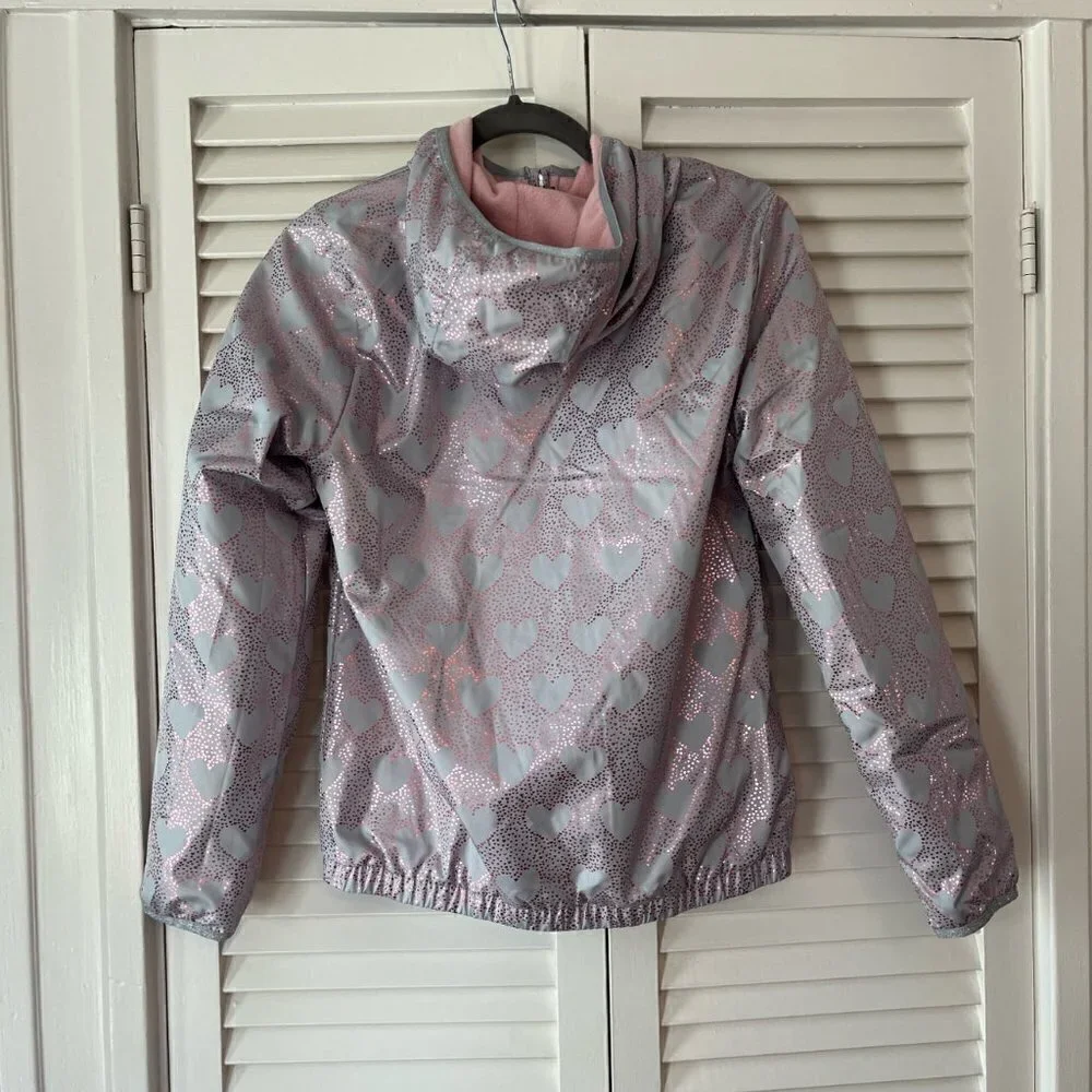 London Fog girls metallic heart pink grey full zip hooded jacket large (14/16)